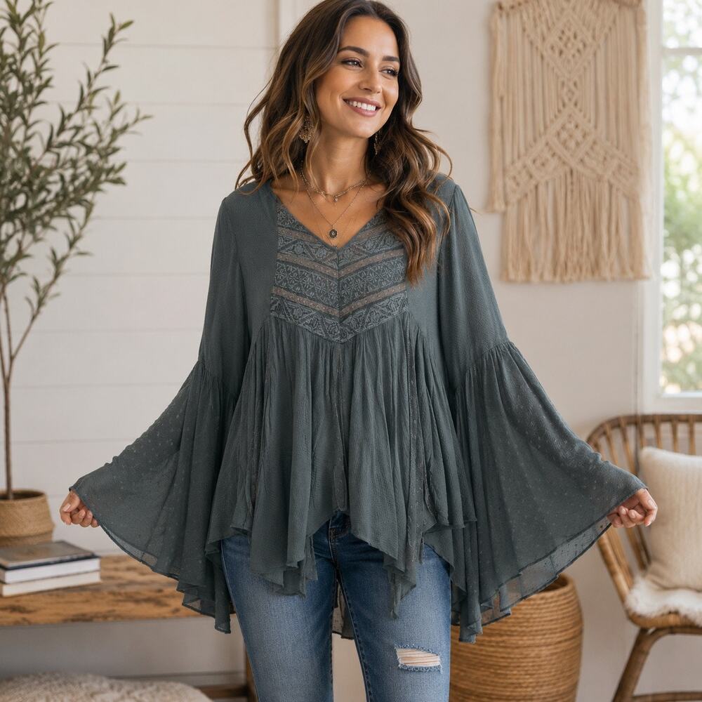 Free People Sweeter Emotion Size Small Sage Green Boho Bell Sleeve Peasant Top